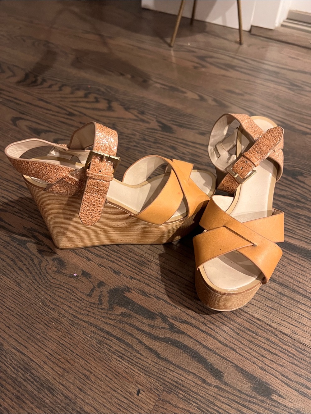 Aldo Cognac Tan Leather Gold Snakeskin Crisscross Strap Wedge Sandals